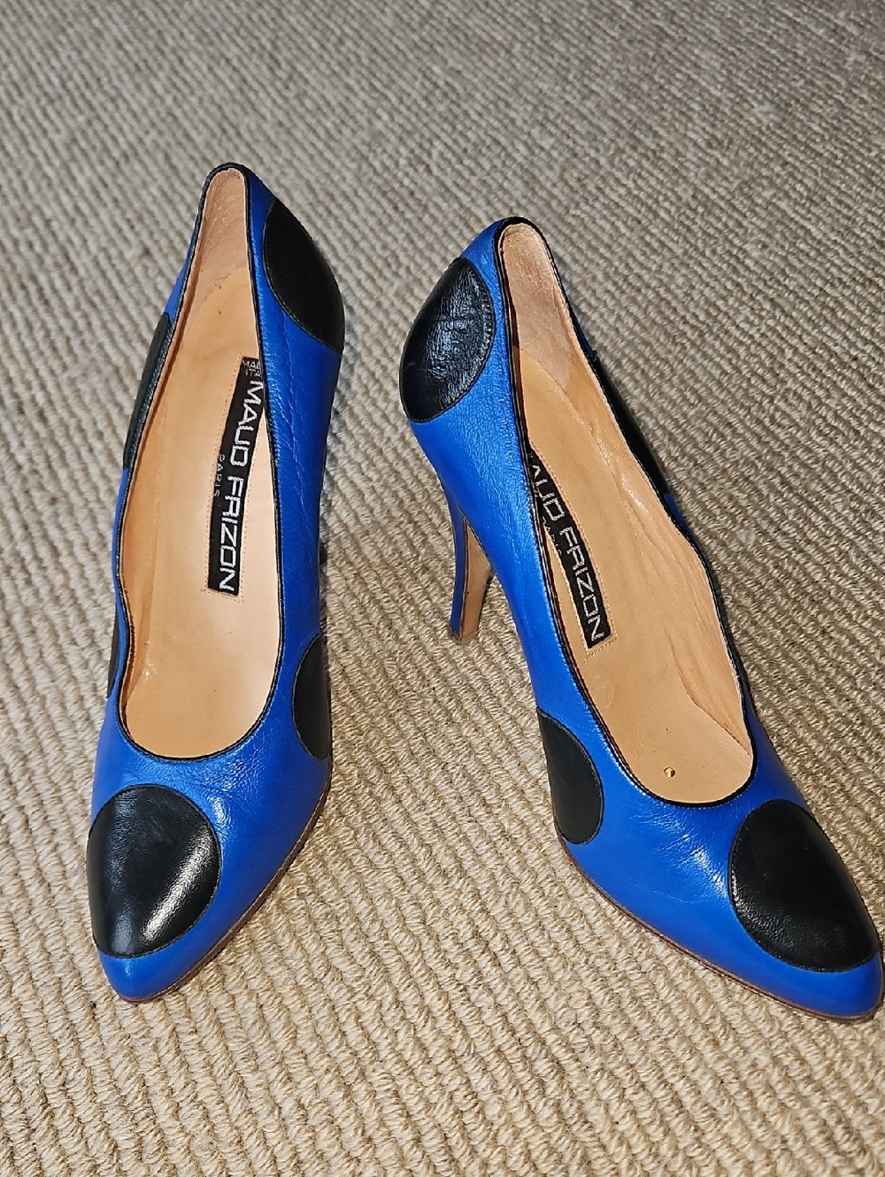 EUC Vintage MAUD FRIZON Blue & Black Polka Dot Pointed Toe Stiletto Pumps